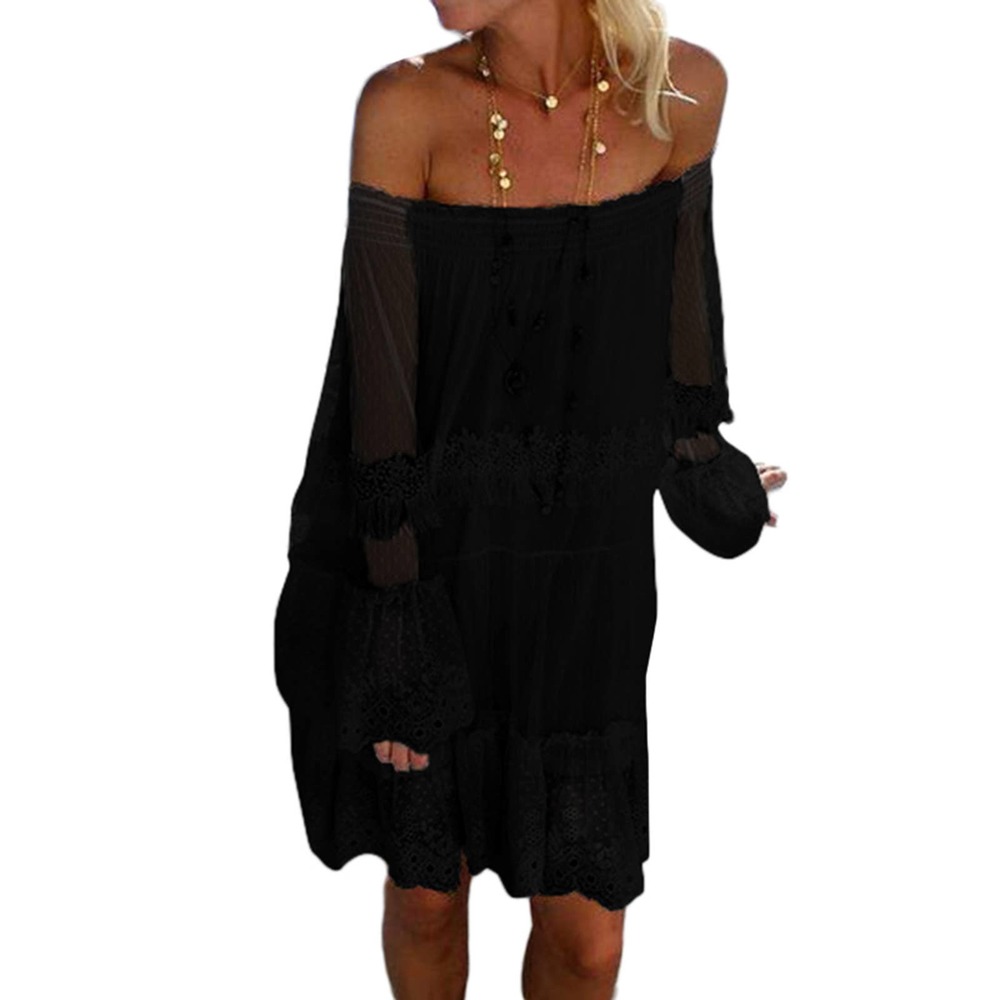 zanzea flare sleeve patchwork boho off shoulder dress XL - Picture 3 of 7